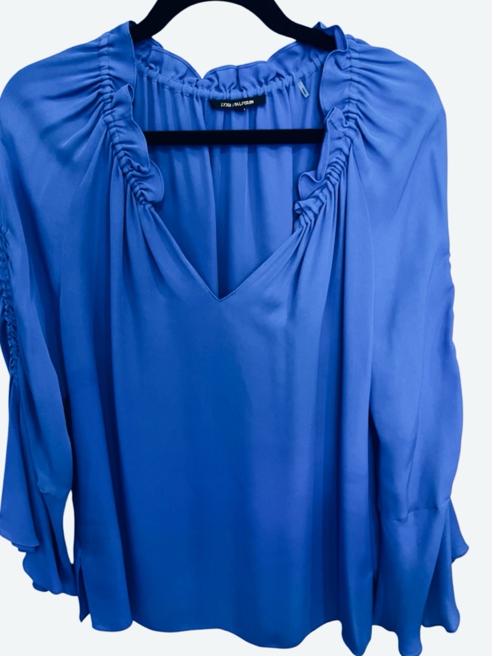 Kobi Halperin Blue Silk Long Sleeve Top w/Bell Sleeves Size L